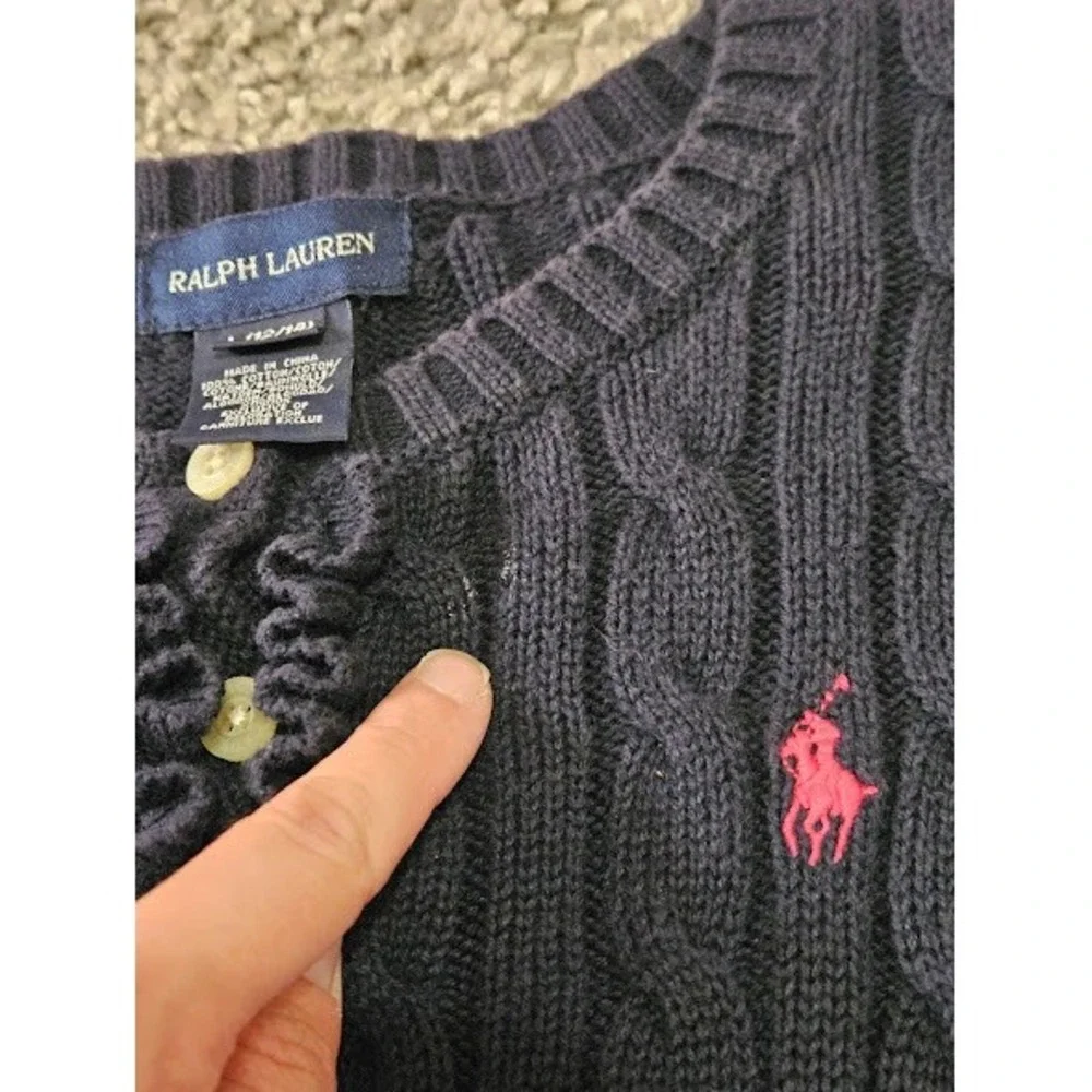 Ralph Lauren Cable Knit Ruffle Button Sweater Girl Size Large Navy Blue Cotton